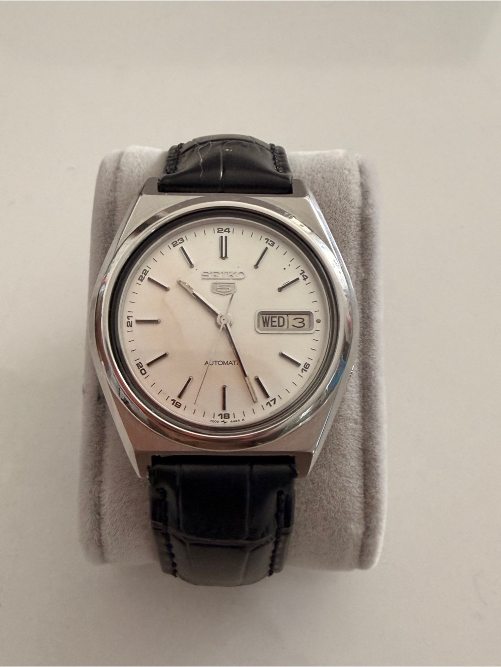 Mint Seiko Silver Case White Dial Watch with Black Strap